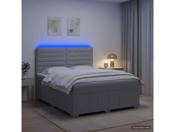 Boxspringbett mit LED Matratze hellgrau 160 x 200 cm USB-LED-Beleuchtung, Kopfteil verstellbar 78-88 cm, Taschenfedern, waschbare Bezüge, Holzlatten