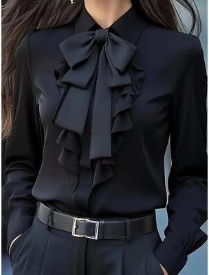 Fabled Fashion Studio Womens Bow Tie Blouse With Ruffle Trim And Long Sleeve black xxl