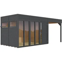 Bertilo Element-Gartenhaus Cubus 3 Office inkl. Lounge-Anbau - 19 mm anthrazit 559 x 234 cm
