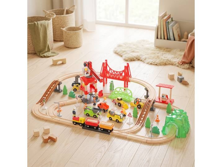 AIYAPLAY Train Bois 91 Pièces Grue Rails Enfants 3+ Multicolore