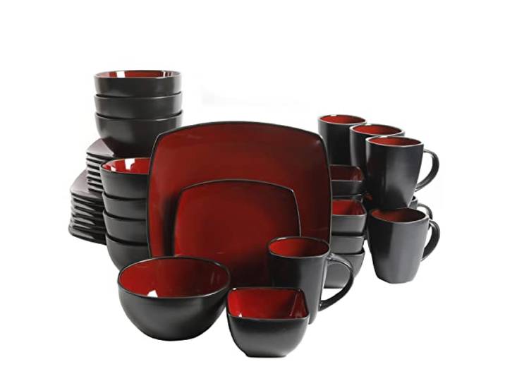 Gibson Elite Soho Lounge Geschirr-Set, quadratisch, reaktive Glasur, Steingut, Service für 8 Personen (40 Stück), Rot/Schwarz