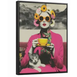 LEINWAND Bilder mit Rahmen - Frau - Katze - Blumen - Tasse - Retro - 30x40
