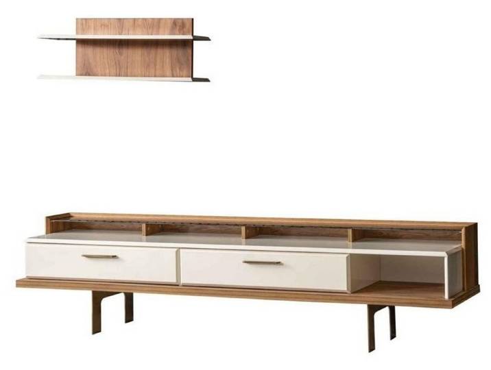 JVmoebel Wohnwand Braun-weißes Holz-Sideboard mit Wandregal für elegantes Wohnen, (2-St., Sideboard + Wandregal), Made in Europa