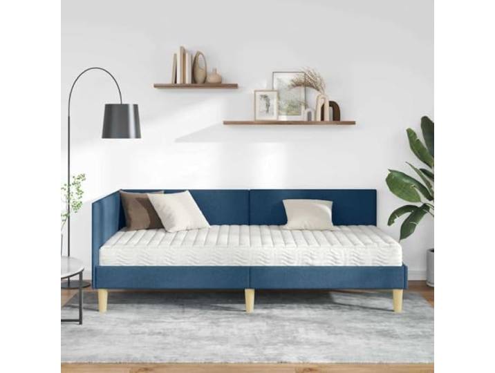 KTHLBRH Eckbett mit Matratze Blau Stoff Einzelbett Kopfteil zur Wandmontage, verstellbar, Multizonen-Unterstützung, Struktur aus Sperrholz, einfache Reinigung