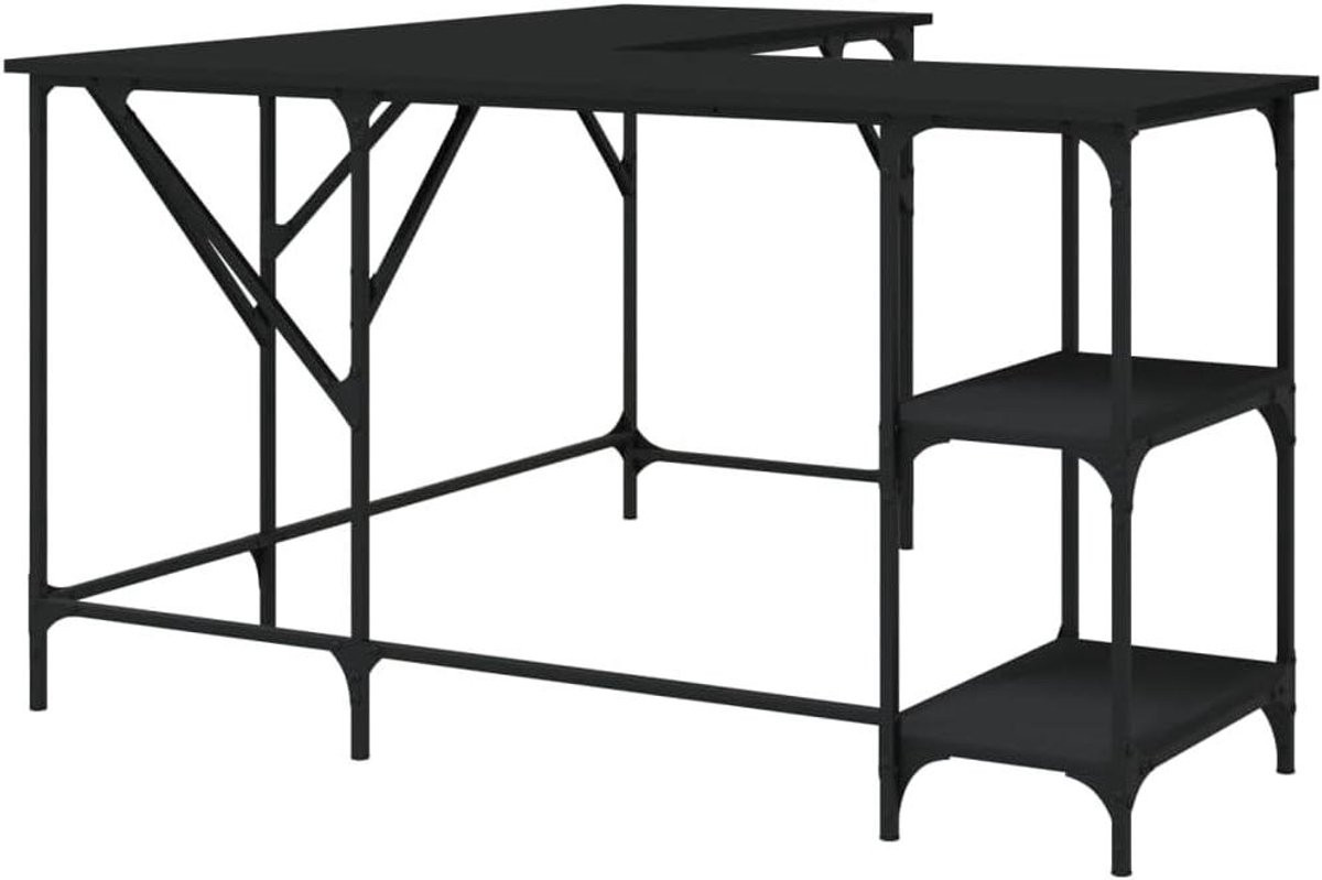 Zwart L-vormig hoekbureau voor thuiswerken, Breedte: 139 cm