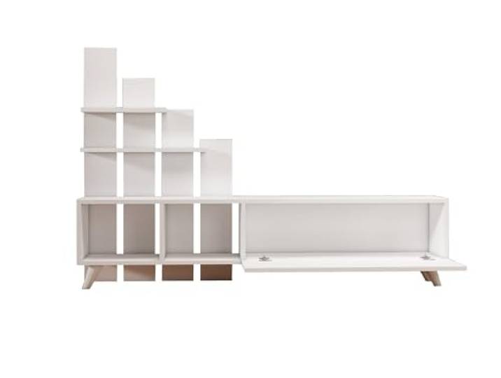 Moderner weißer TV-Ständer, 160 cm x 115 cm x 33 cm 100% melaminbeschichtete Spanplatte, 18 mm stark Stilvolles und funktionales Design für Zuhause