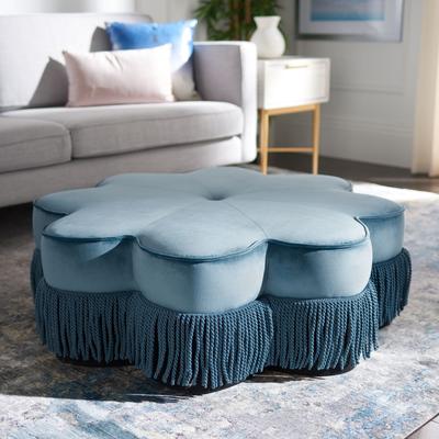 SAFAVIEH Tanith Flower 38.2-Inch Round Fringed Velvet Ottoman, Modern