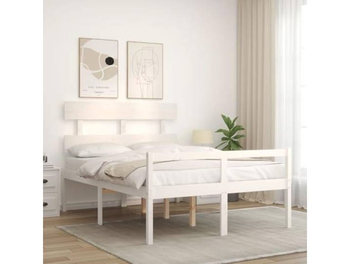 KTHLBRH Kleines Doppelbett, Massivholz, weiß, für Senioren Sitzhöhe 45 cm, Stauraum unten, Latten aus Sperrholz, funktionales Kopfteil