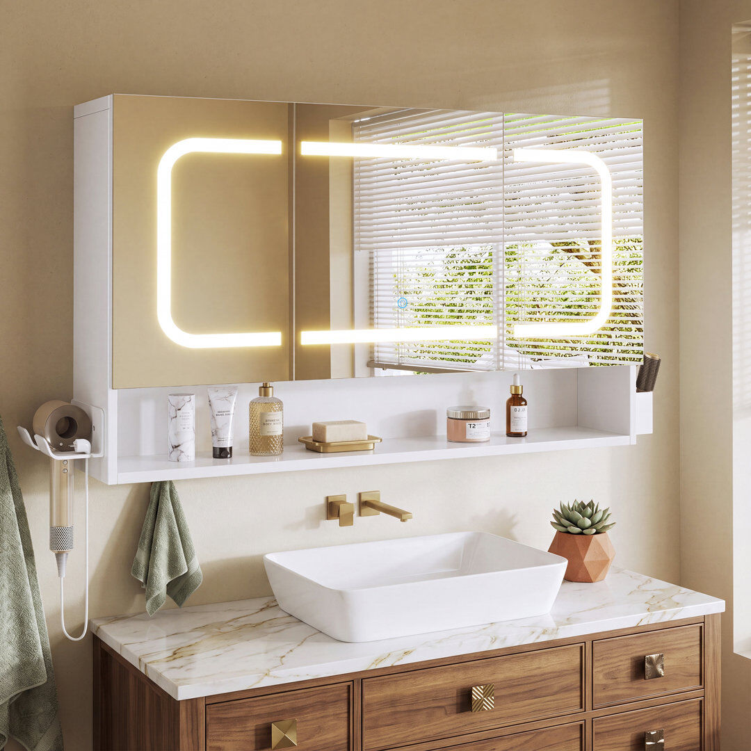 Brayden Studio Bathroom Mirror Cabinet, Wall-Mounted Bathroom Vanity Cabinet with Backlit Anti-Fog LED Mirror Natural 1000mmW