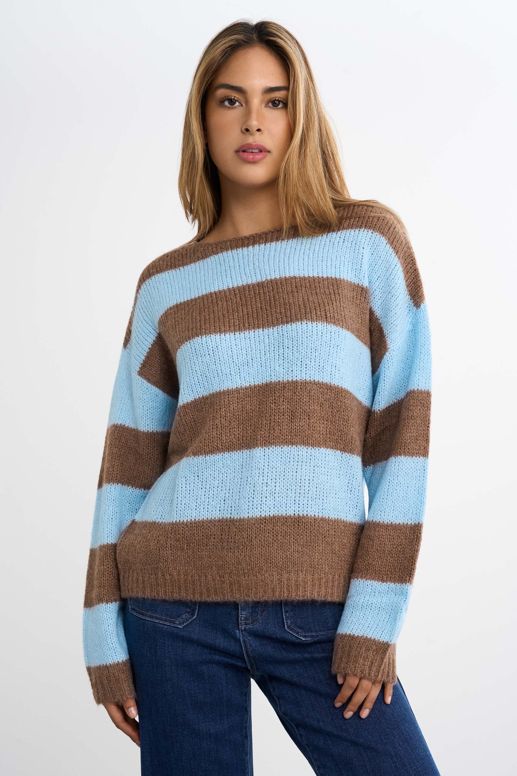 FAMME - Knitted Striped Sweater - Brown/Blue / XS