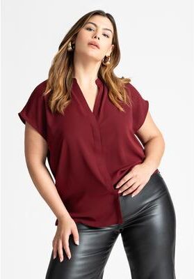 Plus Size Women's Short-Sleeve Notch Collar Blouse by ELOQUII in Zinfandel (Size 18)