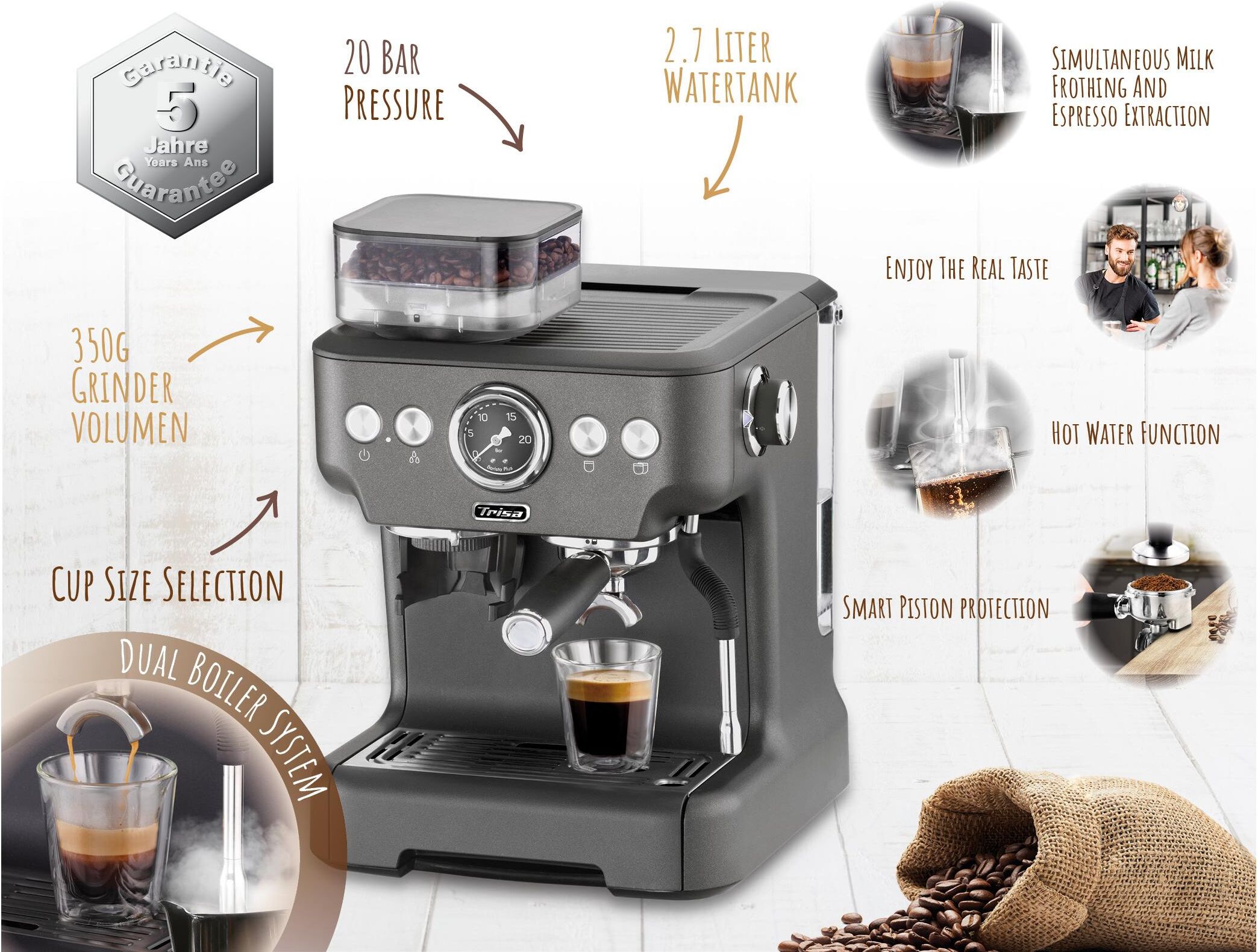 TRISA Siebträgermaschine "Barista Plus", Energieeffizienz: C, grau, B:28cm H:41cm T:32,5cm, Kaffeemaschinen, Siebträgermaschine grau Einheitsgröße