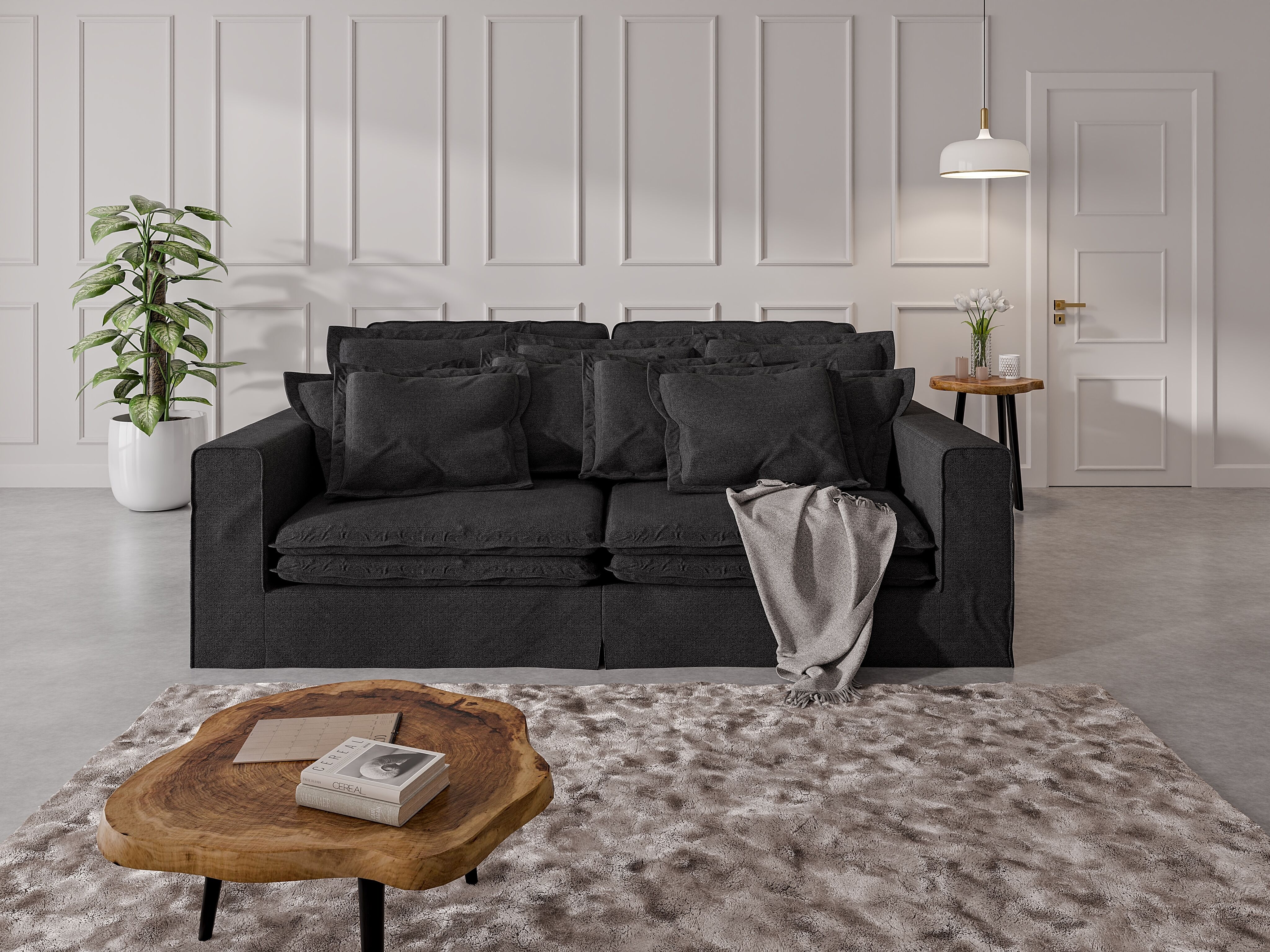 4-Sitzer HOME AFFAIRE "ALISSAS mit vielen Kissen, Biesen an den Kissen", schwarz, B:240cm H:94cm T:146cm, 92% Polyester, 8% Nylon, Sofas, 4-Sitzer, Hussenoptik, mit kleinen Taschen an der Seite zum Verstauen
