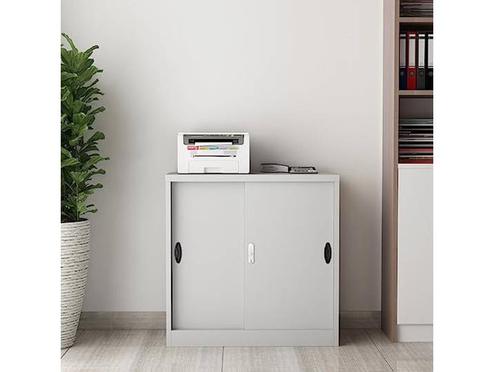 [en.casa] Büroschrank Rieti mit Schiebetüren Aktenschrank abschließbar Metall Ordnerschrank 90 x 40 x 90 cm Stahlschrank Werkstatt Hellgrau