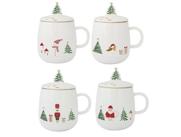 EasyLife Becher LSNO1335 - Let it Snow 4 Teebecher mit Sieb u. Deckel/Unters., 450 ml, 4-tlg.