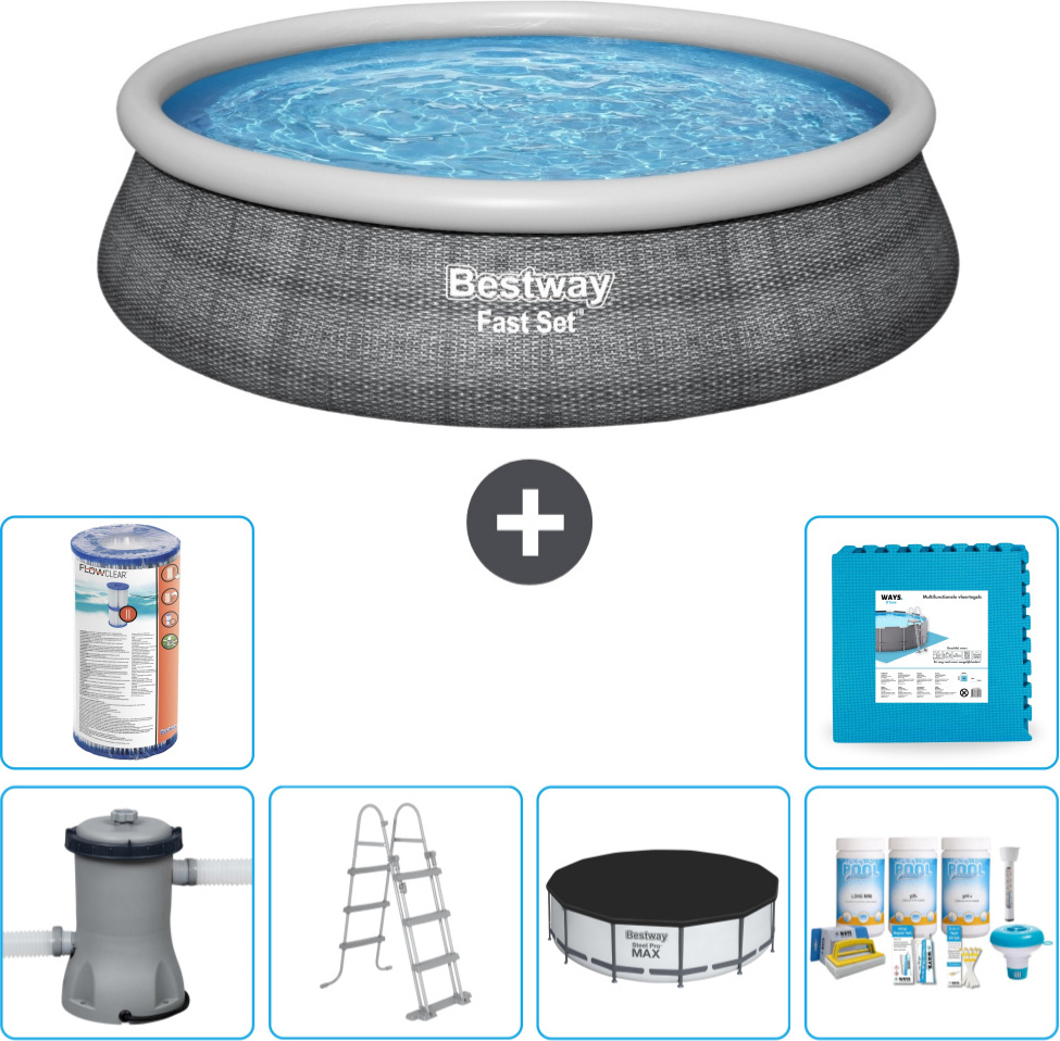 Bestway runder aufblasbarer Fast-Set-Schwimmpool - Rattan-Druck - 457 x 107 cm - inklusive Pumpe - Leiter Abdeckung - Wartungspaket - Filter - Bodenfliesen