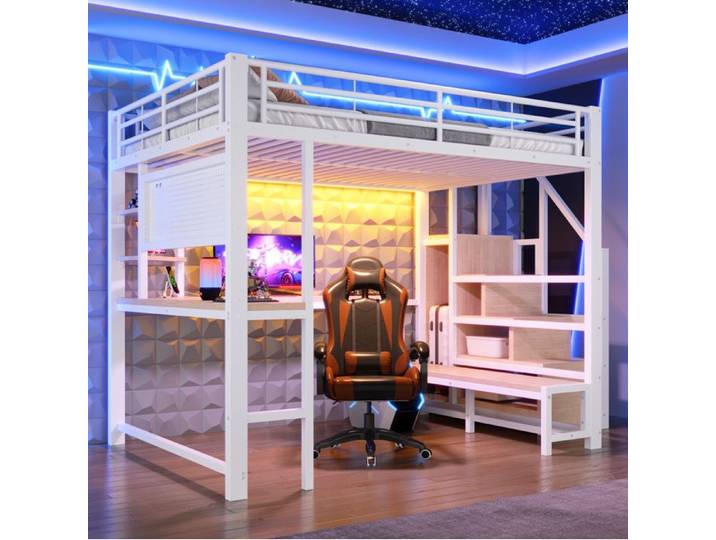 ELVORIN Hochbett 140 x 200 cm avec bureau USB et LED blanc