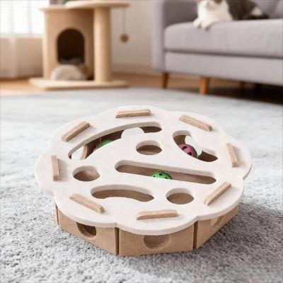 Inspired Finds Interactive Felt Cat Puzzle Tunnel Box With Bell Ball Hunting Toy round Beige