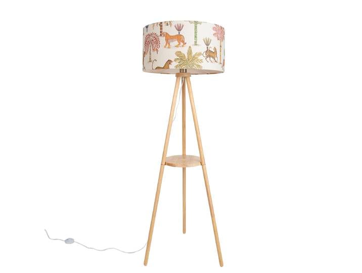Lampadaire trépied en bois avec abat-jour imprimé multicolore