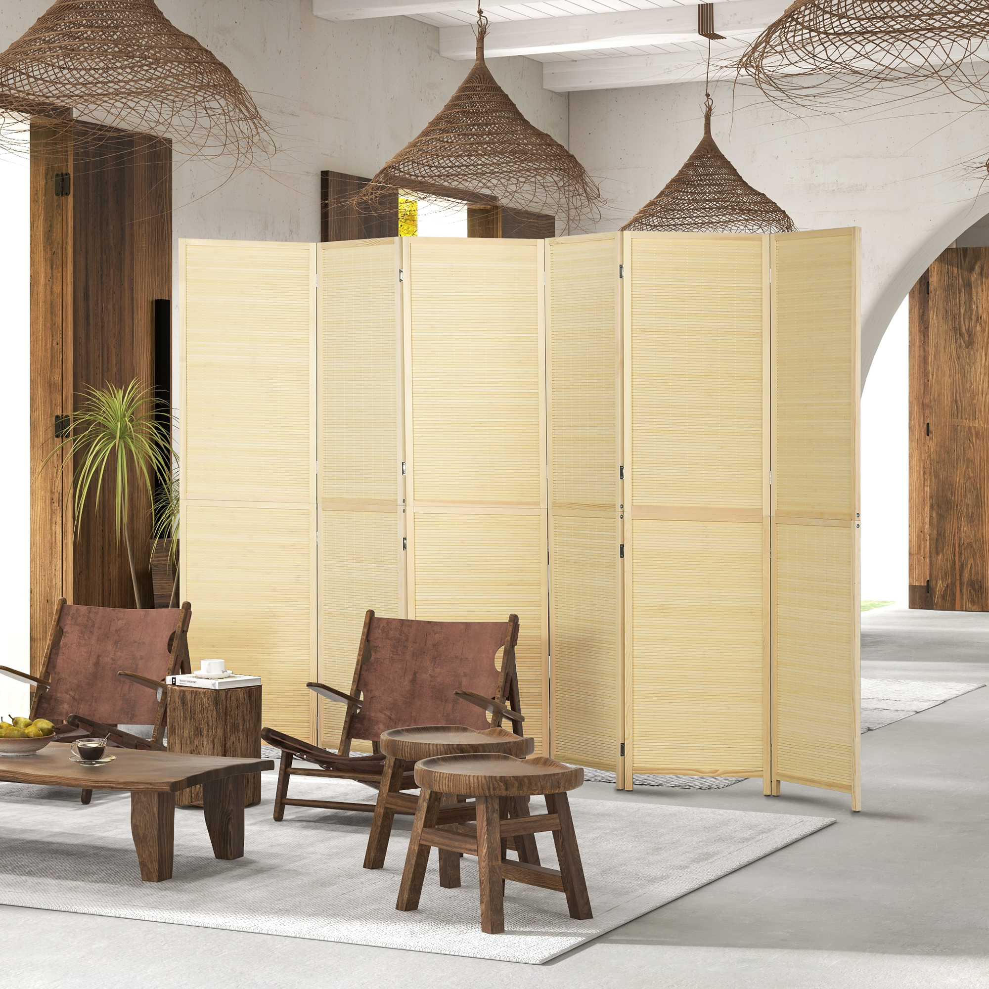 Homcom Paravento in bambù 6 pannelli 270 x 180 cm separatore d'ambiente separatore pieghevole - naturale