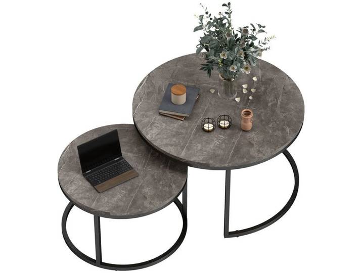 Lot de 2 tables basses gigognes empilable design industriel plateau imitation ciment pieds en métal gris