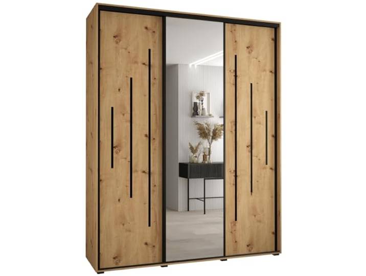 MEBLE KRYSPOL Davos 13 200 Schrank mit DREI Schiebetüren für Schlafzimmer - Moderner Kleiderschrank mit Spiegel, Kleiderstange und Regalen - 235,2x200x45 cm - Artisan Artisan Schwarz