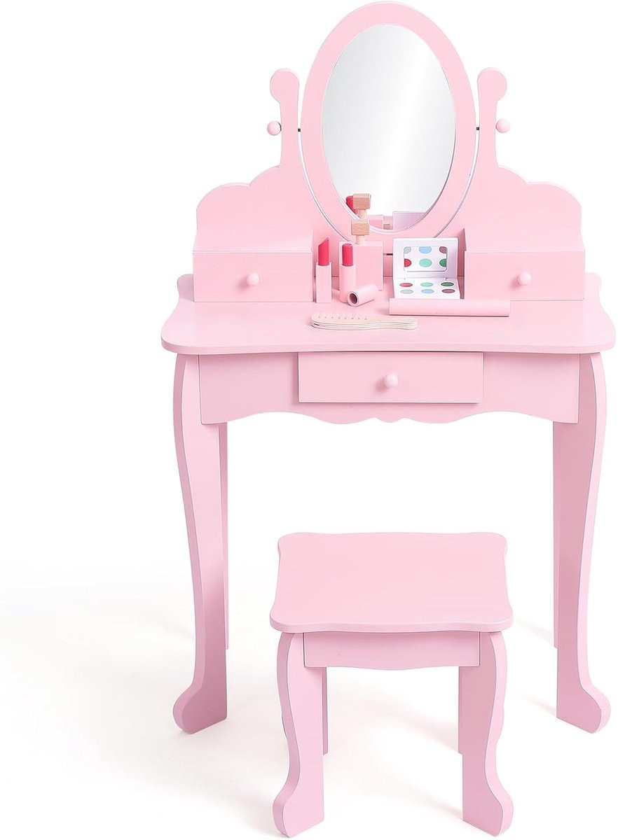 Roze houten kinderkaptafel met krukje en verstelbare spiegel voor meisjes van 4-9 jaar