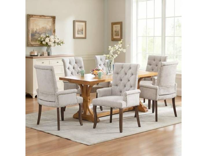 SoarFlash 6er Set Chenille-Sessel Beige, Modernes Knopftuft-Design Weiches strapazierfähiges Chenille-Gewebe, stabile Massivholzbeine. Eleganter Stil für Wohn-, Ess- und Schlafzimmer.