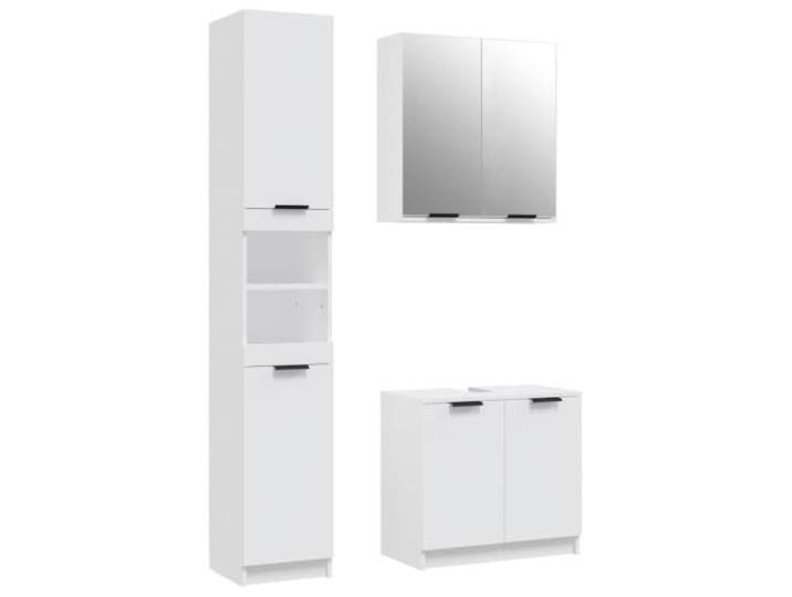 KTHLBRH Badezimmermöbel-Set 3-teilig weiß aus mehrschichtigem Holz 1 Bodenschrank S, 1 Bodenschrank L, 1 Wandschrank mit Spiegel, pflegeleichtes Mehrschichtholz, großer Stauraum