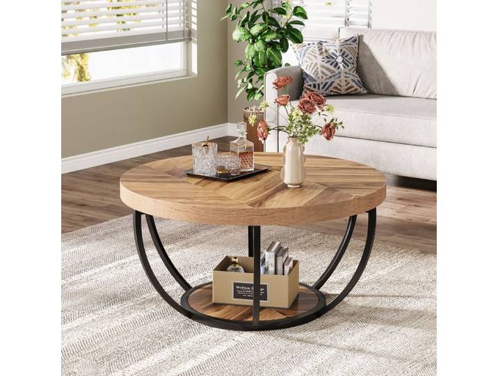 Table basse ronde - LITTLE TREE - Little Tree - 80×80×45 cm - 2 niveaux - Pieds métal finition chêne