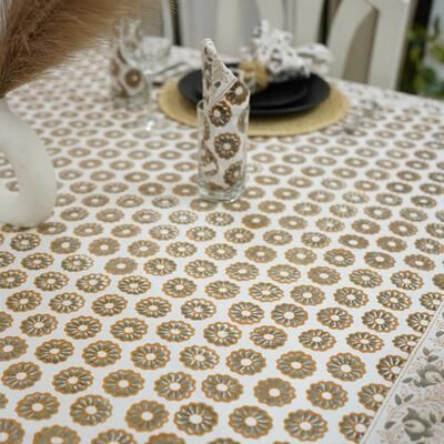Fabdivine Handmade Block Print Cotton Table Cover Farmhouse Dining Kitchen Decor Gift