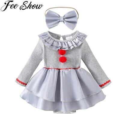 Uplifted Finds Baby Girl Creepy Clown Cosplay Costume   Premium Layered Gray Joker Dress Romper & Halloween Party Outwear grey A 0 3m