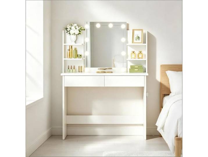 Coiffeuse - ZEVKOR - 90x40x135 cm - Miroir LED - 2 tiroirs - 4 étagères ouvertes