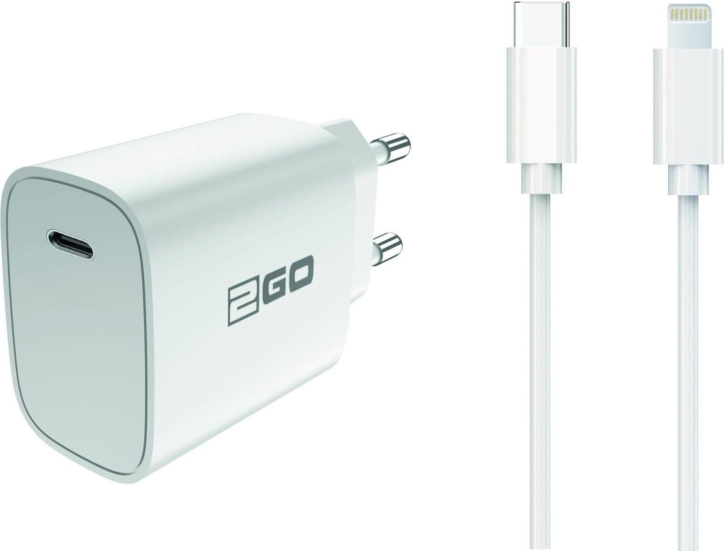 2GO Ladegerader 20W met USB-C kabel en Lightning kabel, wit