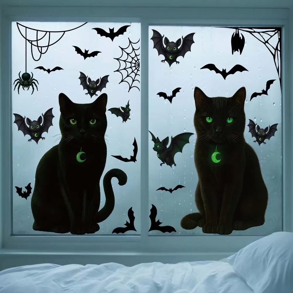 INF Schwarze Katze Fledermaus Statische Glasaufkleber - 2er-Pack für Halloween Dekoration