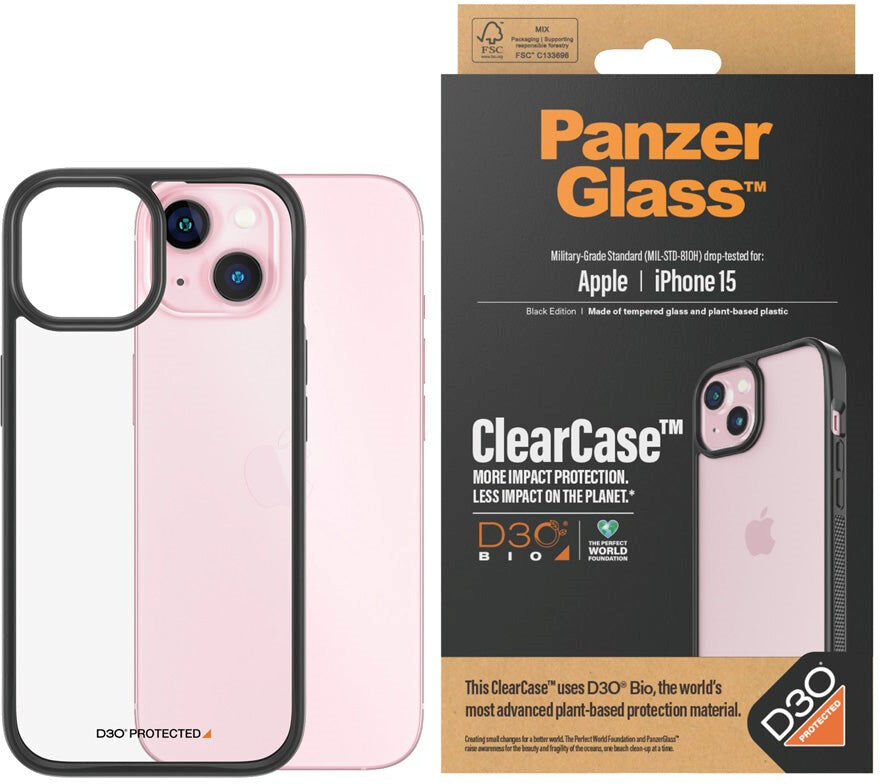 iPhone 15 Bagside Cover PanzerGlass D3O Bio ClearCase - Sort Kant