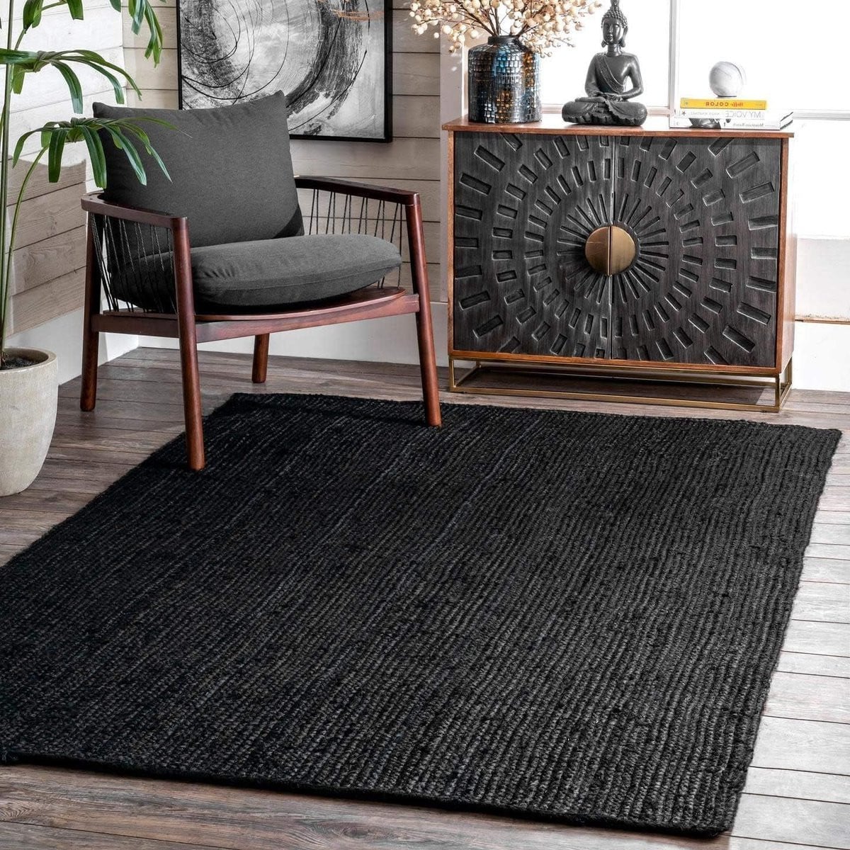 Handgeweven Jute Tapijt - Boho Design - Rechthoekig - Zwart
