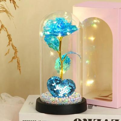 Uplift Essentials LED Eternal Rose Glass Dome With Gold Foil Flower blue