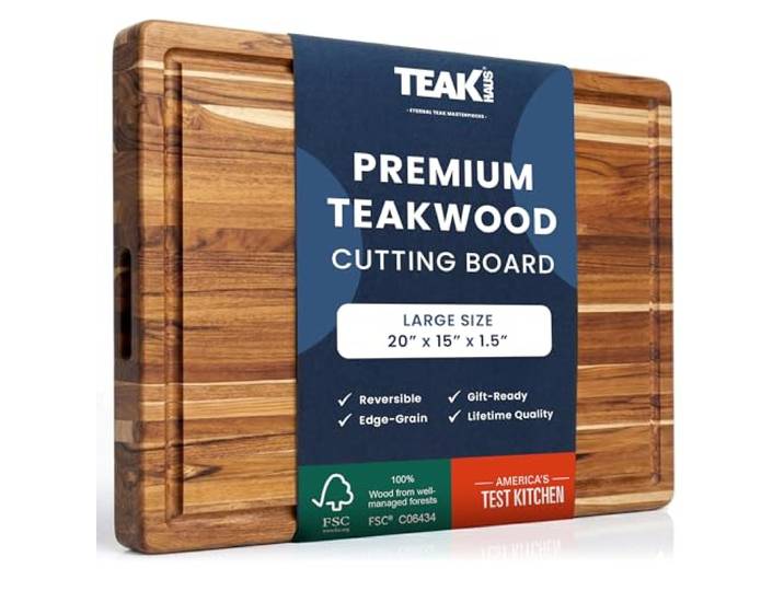 Teakhaus Schneidebrett 51×38 cm, FSC-Teakholz, Saftrille, Küche Tranchierbrett, für Gemüse, Fleisch und Kräuter, hoher natürlicher Ölgehalt, pflegeleicht, robust