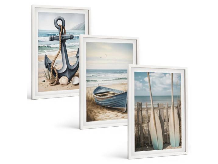 Tulup Bilder SET 3er Set - 40x60 cm Weißer Rahmen - Anker, Boot, Ruder, Strand, Kunststoff, Rechteckig, 40x60 cm, Fotografie, Bilder & Rahmen, Bilder
