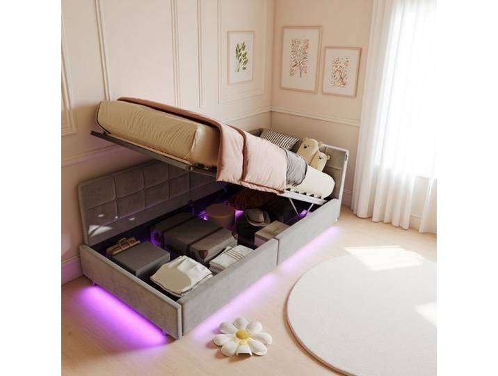 Lit de jour - Daybed canapé-lit 90x200 - Coffre hydraulique - Canapé-lit rembourré 90x200 cm avec sommier - LED - USB - Velours gris