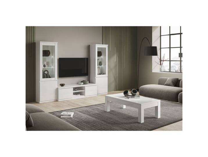 DEYTON - Ensemble Salon Complet Laqué Blanc Meuble TV + Vitrines avec Leds + Table Basse 127cm