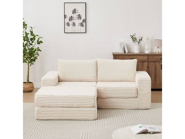 Canape Convertible 2 Places Beige Canape Modulable FloraGrace Pour Salon Repose-Pieds Amovible 194x169 5x74cm