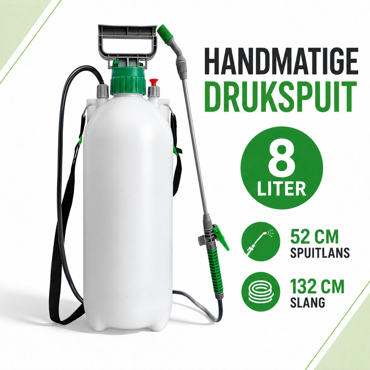 Handmatige Drukspuit 8 Liter – Tuinsproeier met 52 cm Spuitlans en 132 cm Slang – Wit/Groen
