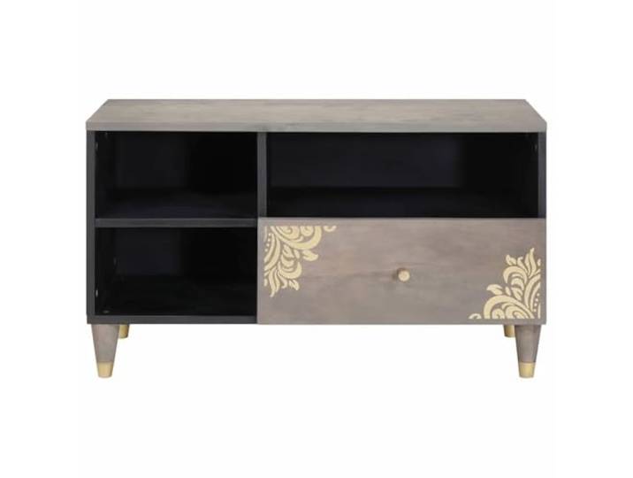 KTHLBRH TV-Schrank Grau 80 x 33 x 46 cm Mangoholz massiv Mit Schublade und Regal, Messinggriffe, Goldprägung, Wohnzimmer