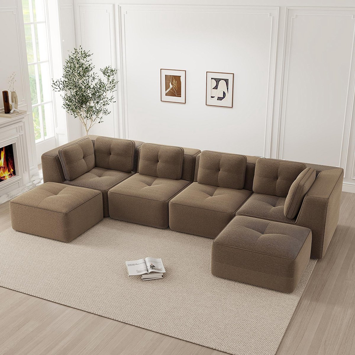 BLACKCOLORS Modulaire U-vormige hoekbank met chaise longue en slaapfunctie, Bruin