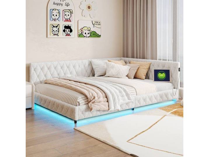 Lit 140 x 200 avec sommier lit 140 Lit 140x200 cadre de lit Lit double 140x200 bandeau lat LED USB Canapé-lit Velours Teddy Beige