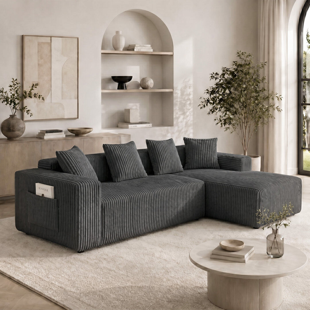 Metro Modern Oversized 262cm Boneless Corner Sofa L-Shaped Corduroy Sofa With Storage Pockets Gray 80cm H X 261cm W X 156cm D