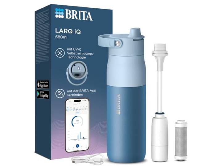 BRITA LARQ iQ Digitale Edelstahl Trinkflasche mit Wasserfilter (680 ml) Blau, Hydration Tracking (BRITA App), Strohhalm, Aktivkohle Filter, UV-C, neutralisiert 99,99% Bakterien, filtert PFAS