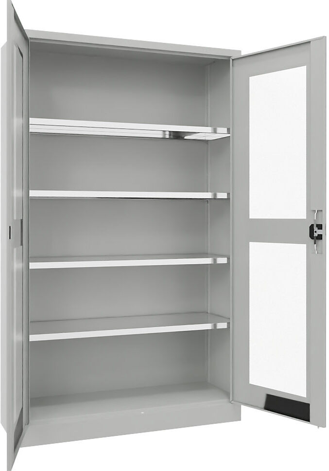 Flügeltürschrank mit Sichtfenster, 4 Fachböden, Höhe 1950 mm, HxBxT 1950 x 1200 x 400 mm, Tür lichtgrau Pavoy